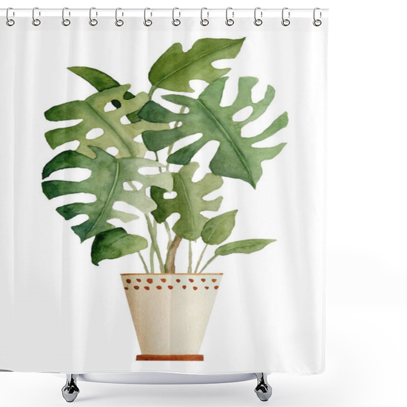 Personality  Watercolor Hand Drawn Illustration Of Monstera Plant On White Isolated Background. For Interior Design Nature Lovers Flower Houseplant Brown Clay Terra Cotta Pot. Urban Tropical Jungle Horticulture. Shower Curtains