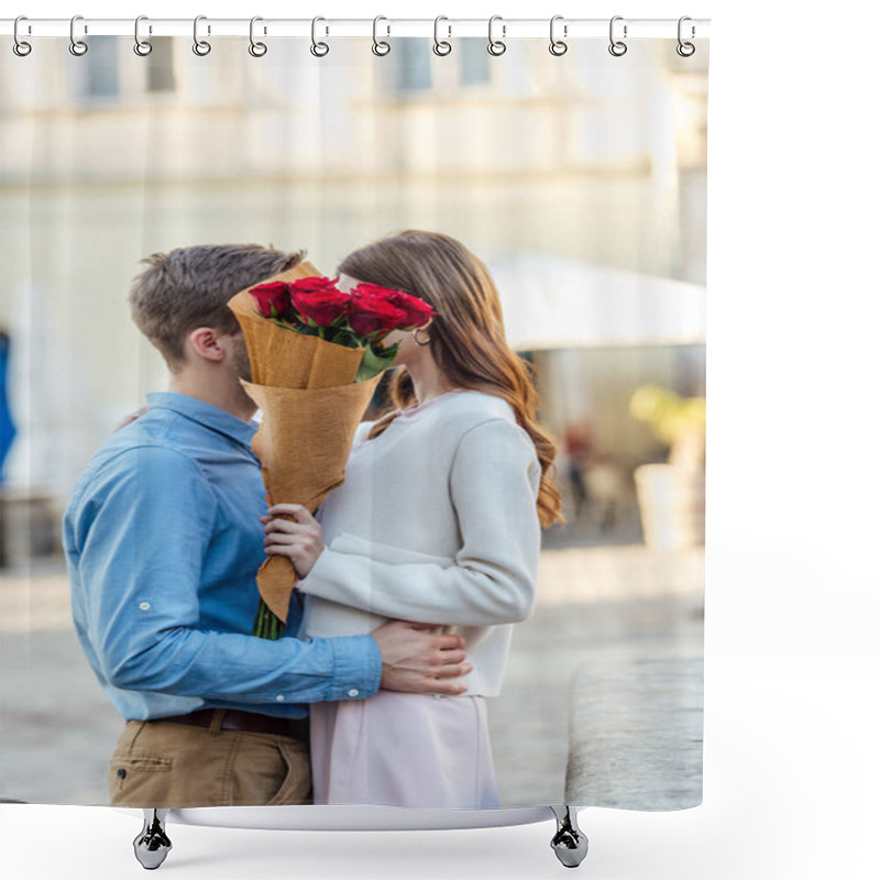 Personality  Happy Couple Kissing While Hiding Behind Bouquet Of Red Roses Shower Curtains