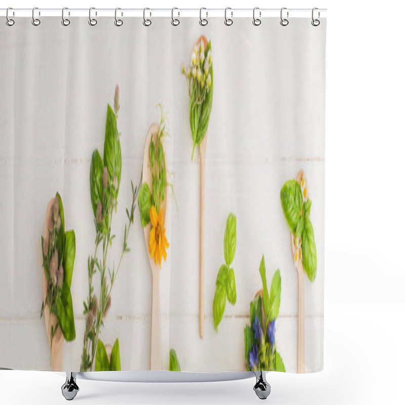 Personality  Panoramic Shot Of Herbs And Green Leaves In Spoons Near Flowers On White Wooden Background, Naturopathy Concept Shower Curtains