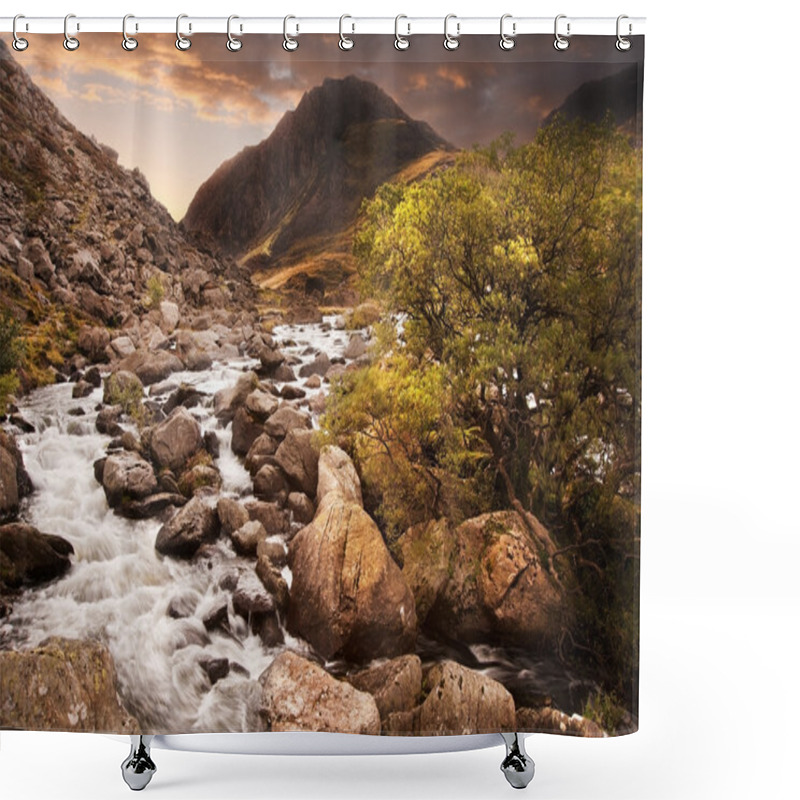 Personality  Waterfall In Mountains With Moody Dramatic Mountain Sunset Lands Shower Curtains