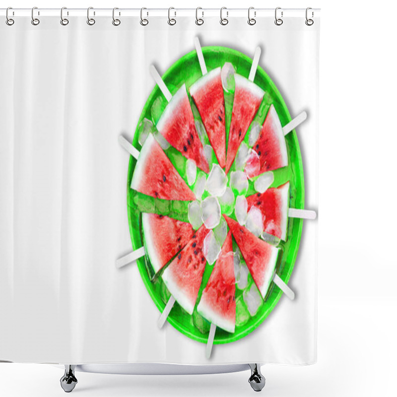 Personality  Slice Of Watermelon With Ice Cubes On A White Background Shower Curtains