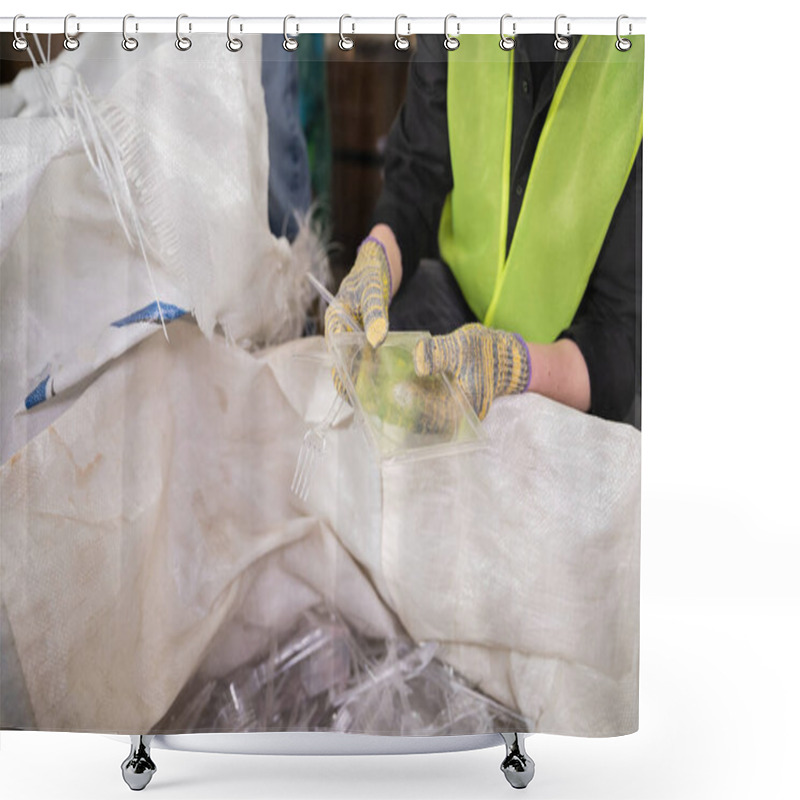 Personality  Cropped View Of Worker In Protective Gloves And Safety Vest Holding Plastic Trash Near Sack For Recycle While Working In Waste Disposal Station, Garbage Sorting And Recycling Concept Shower Curtains