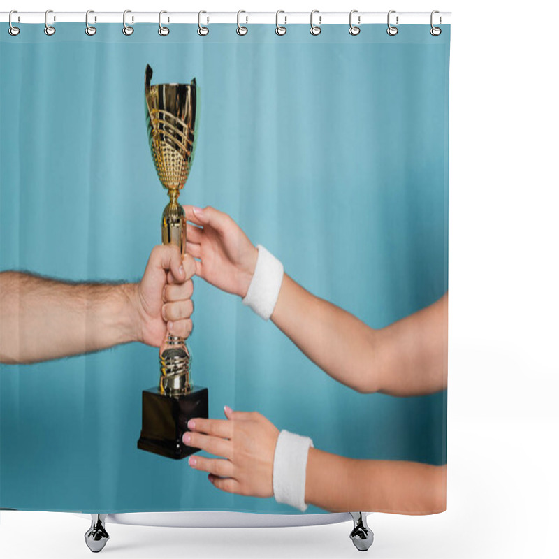 Personality  Cropped View Of Man Giving Golden Trophy To Female Champion On Blue Shower Curtains