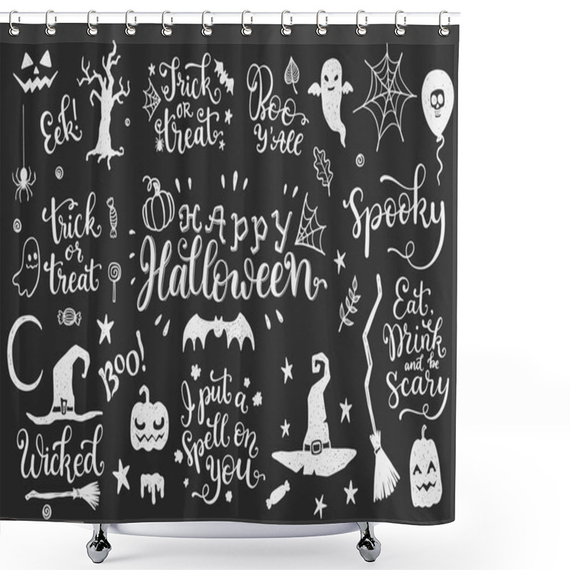 Personality  Happy Halloween Graphic And Lettering Set. Trick Or Treat, Boo, I Put A Spell On You And Another Phrases With Hand Drawn Symbols. Vector Illustration Shower Curtains