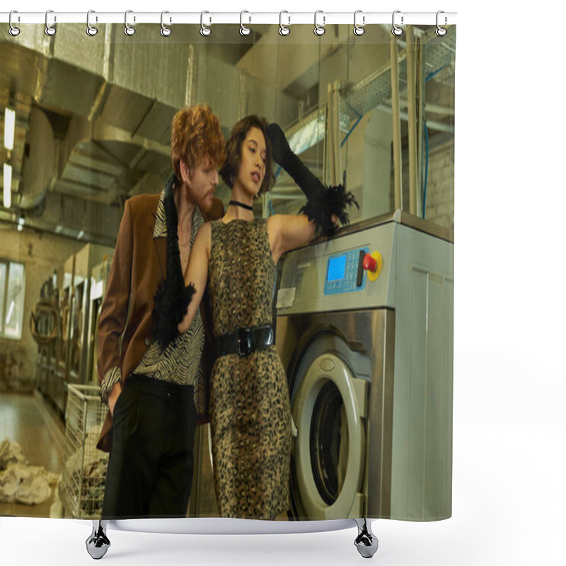 Personality  Sexy And Stylish Young Man Flirting With Asian Girlfriend In Dress In Public Laundry Shower Curtains