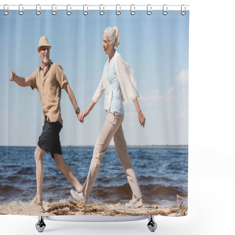 Personality  Senior Couple Walking On Beach  Shower Curtains