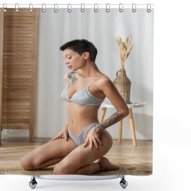 Personality  Full Length Of Stunning Tattooed Woman With Sexy Body And Short Brunette Hair Sitting On Wicker Rug In Lingerie Near Blurred Room Divider And Vase With Spikelets On Bedside Table In Bedroom Shower Curtains