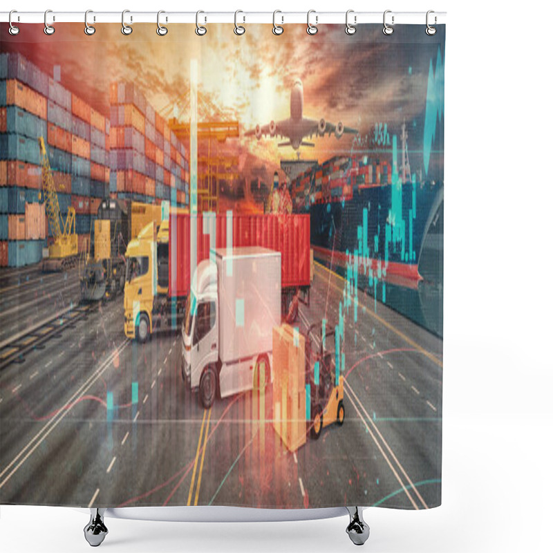 Personality  Transport Trucks Of Various Sizes Ready To Be Delivered By Transport Aircraft. The Background Is A Container. And Stock Market Graphics Logistics Concept, 3d Render And Illustration. Shower Curtains