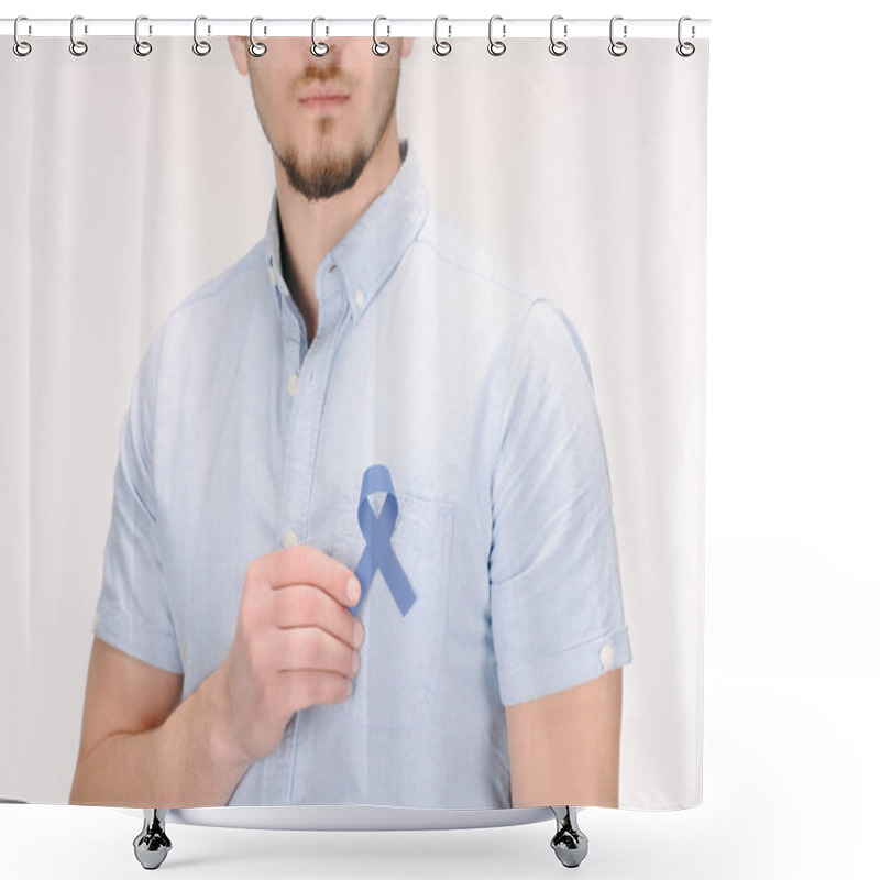 Personality  Partial View Of Man With Blue Awareness Ribbon Isolated On White, Colon Cancer Concept Shower Curtains