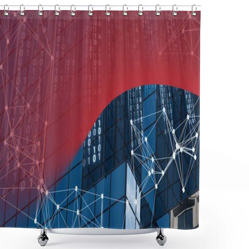 Personality  Composition Of Binary Coding And Networks Of Connections Over Cityscape. Global Data Processing And Digital Interface Concept Digitally Generated Image. Shower Curtains