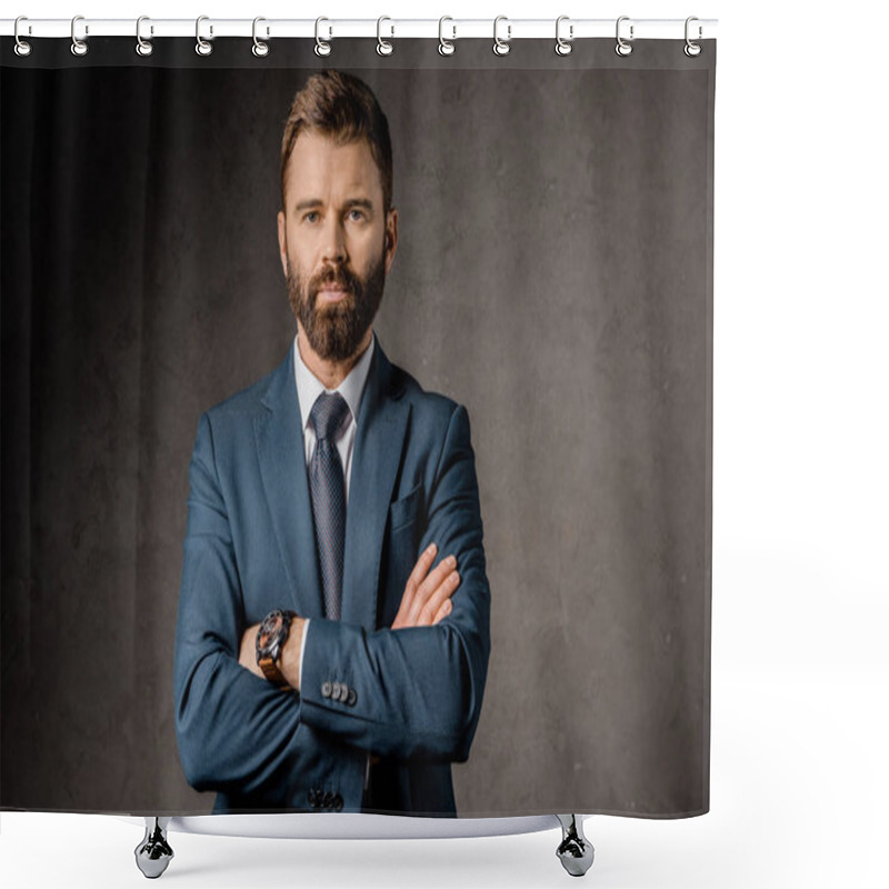 Personality  Handsome Bearded Businessman Standing With Crossed Arms  Shower Curtains