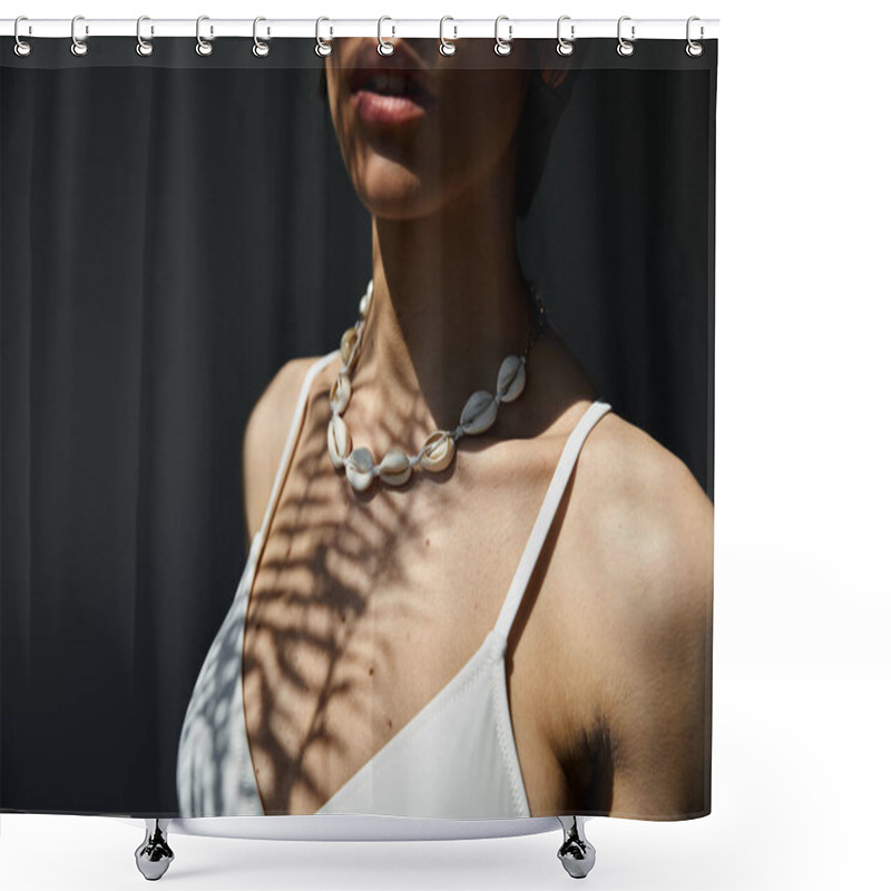 Personality  A Woman Adorned In A Stylish Seashell Necklace Poses Gracefully. Shower Curtains