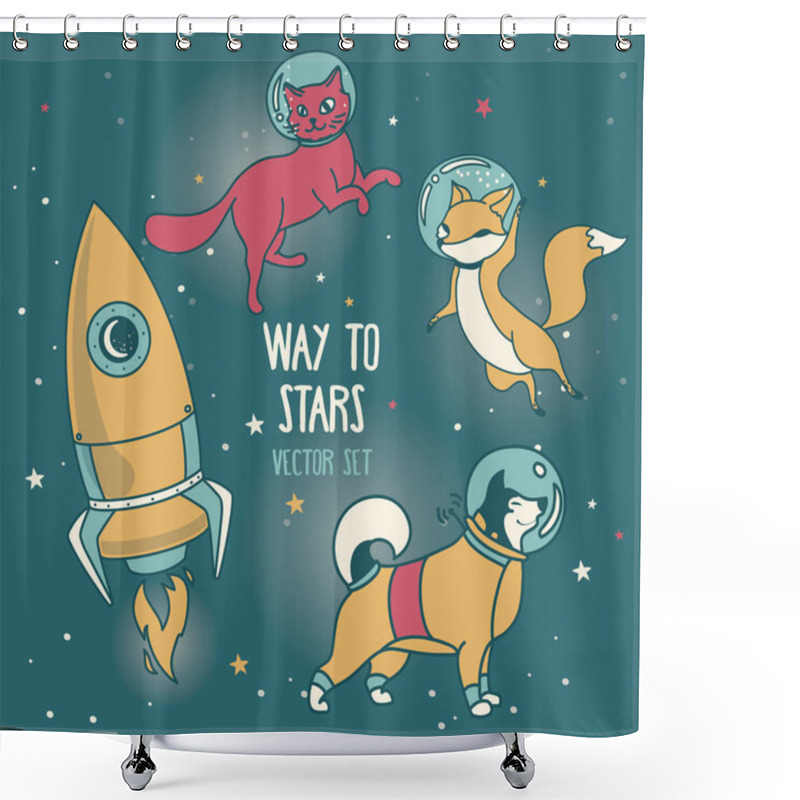 Personality  Cute Doodle Animal-astronauts And Retro Style Rocket Floating In Space Shower Curtains