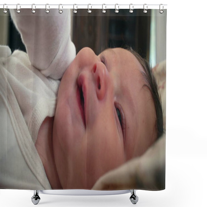 Personality  Close-up Of A Baby Gazing With A Calm Expression, Fingers Gripping, Baby Seems Content And Curious, Soft Skin And Delicate Features In Focus Shower Curtains