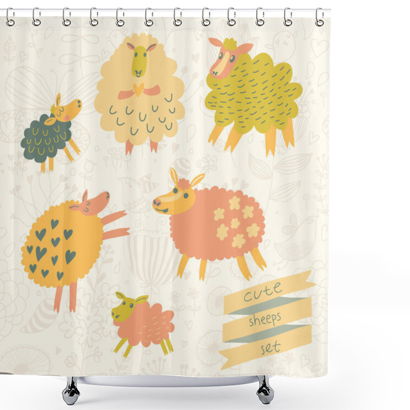 Personality  6 Funny Sheep In Cartoon Style In Vector. Shower Curtains