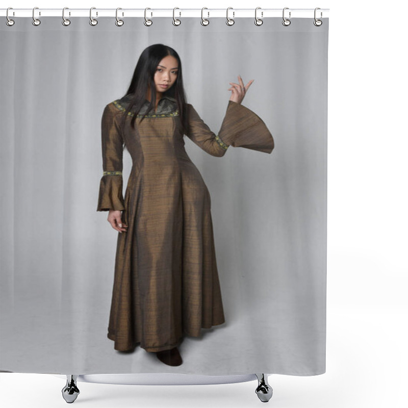 Personality  Full Length  Portrait Of Beautiful Young Asian Woman With Long Hair Wearing Medieval Fantasy Gown Costume. Graceful Standing Posing  Isolated On Studio Background. Shower Curtains