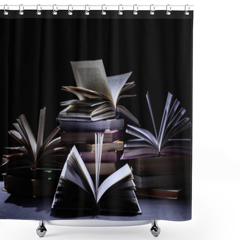 Personality  Stack Of Books On Dark Surface On Black Shower Curtains