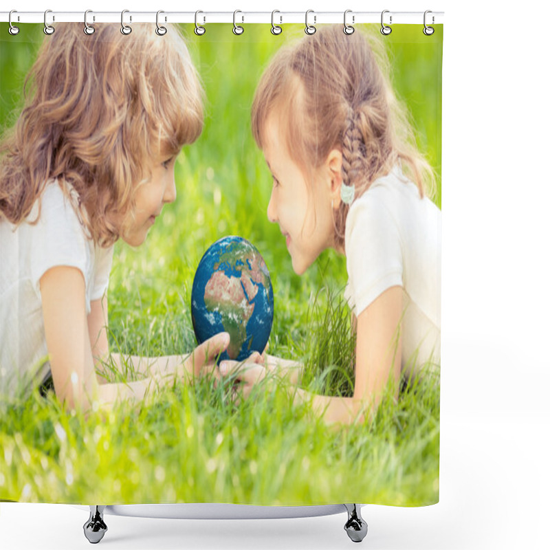 Personality  Children Holding Earth Planet Shower Curtains