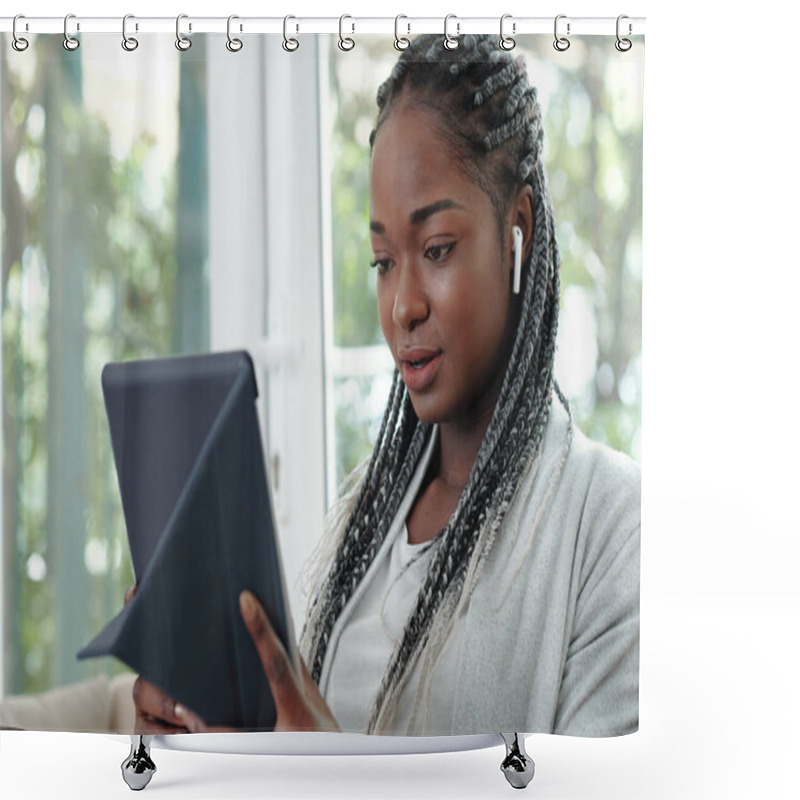 Personality  Portrait Of Pretty Young Black Woman With Braided Hair Wearing Earbuds And Video Calling Her Friend Of Family Member Shower Curtains