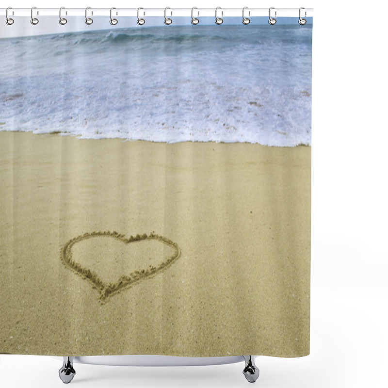 Personality  Photo Of Simply Heart Shape Drawn On Sand On The Beach By The Ocean Shower Curtains