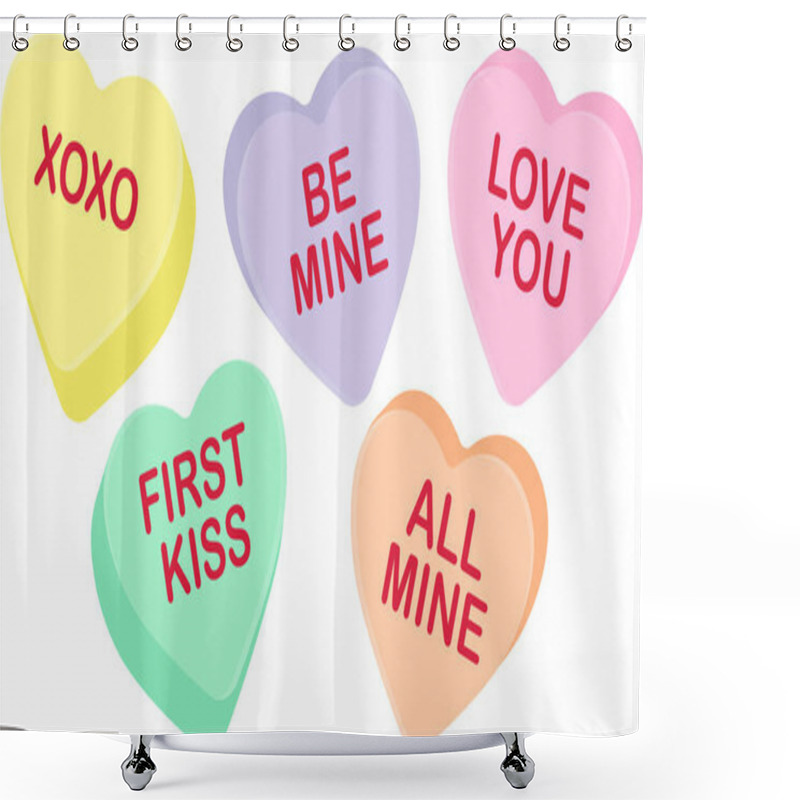 Personality  Candy Heart Sayings, Sweethearts, Valentines Day Sweets, Sugar Food Message Of Love On Seasonal Holiday, Hugs And Kisses, Be Mine, Valentine Graphic Design Clip Art, Pastel Bundle Set White Background Shower Curtains