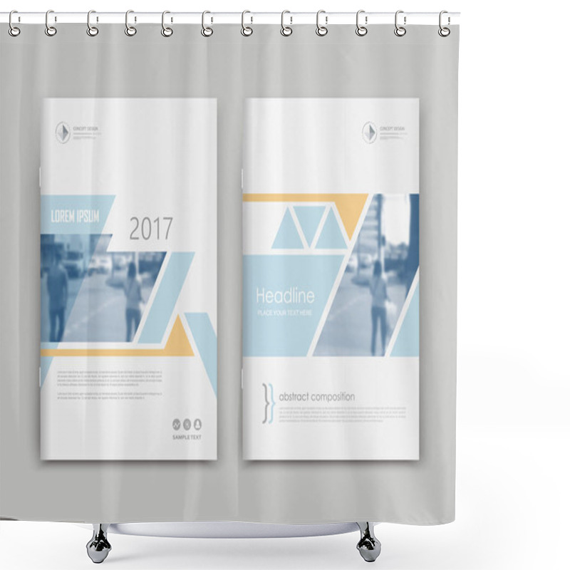 Personality  Abstract Text Frame Surface. White A4 Brochure Cover Design. Title Sheet Model Set. Blue, Yellow Triangles. Financial Analytic Header Icon. Vector Front Page Font. Ad Banner Form Texture. Flier Fiber Shower Curtains