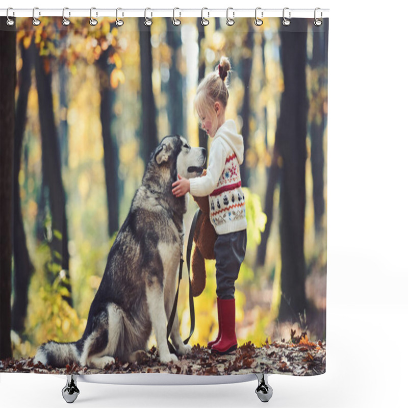 Personality  Child Play With Husky And Teddy Bear On Fresh Air Outdoor. Red Riding Hood With Wolf In Fairy Tale Woods. Childhood, Game And Fun. Activity And Active Rest. Little Girl With Dog In Autumn Forest Shower Curtains