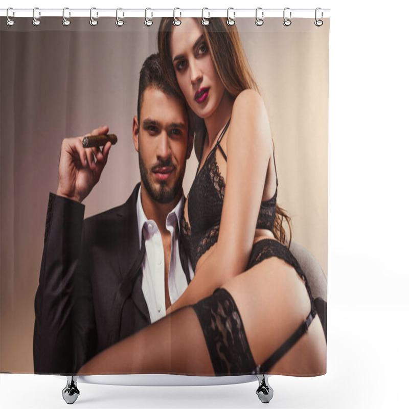 Personality  Young Successful Businessman Sitting On Armchair With Beautiful Girl In Lingerie Shower Curtains