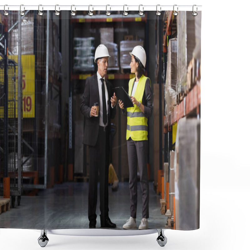 Personality  Happy Businesswoman In Suit And Heard Hat Holding Coffee To Go In Warehouse, Logistics Management Shower Curtains