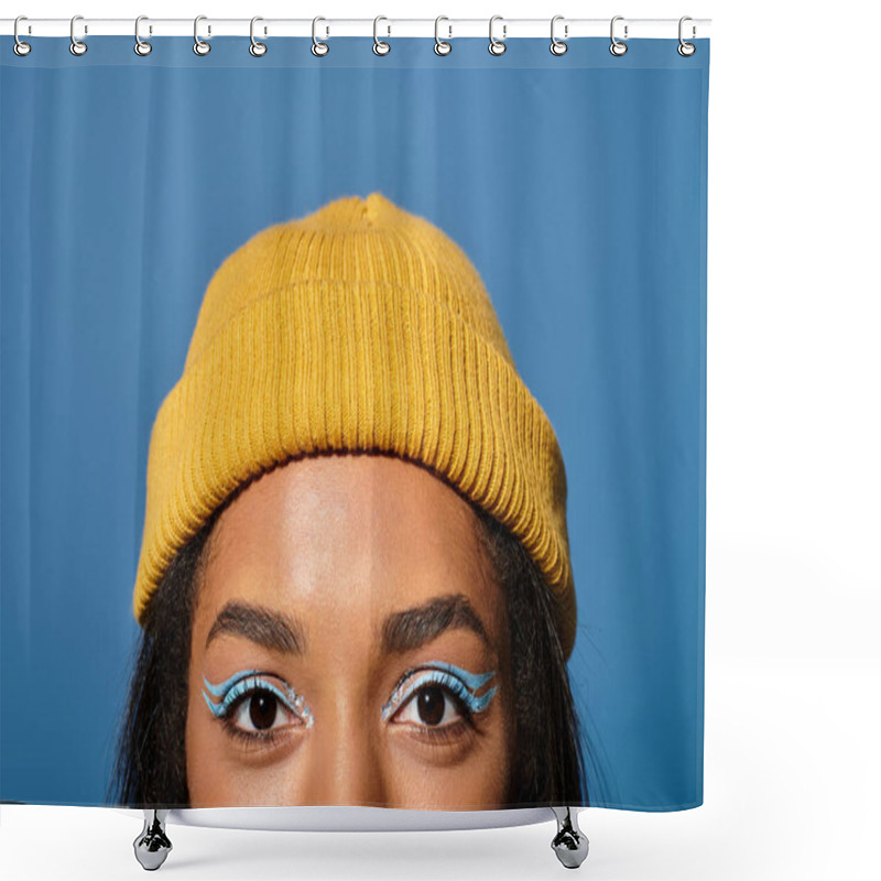 Personality  Sporting A Chic Beanie And Bold Eye Makeup, A Young Woman Embraces Autumns Warm Vibes. Shower Curtains