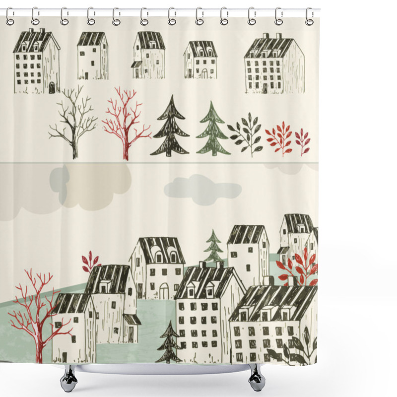 Personality  House Collection, Town Illustration Shower Curtains