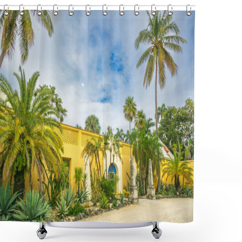 Personality  Fort Lauderdale, FL - US - Feb 7, 2024 Landscape View Of Entrance To The Bonnet House, A Historic House Museum Standing Amidst A Lush Tropical Paradise, Adorned With Vibrant Blooms And Verdant Foliage. Shower Curtains