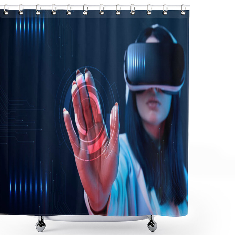 Personality  Selective Focus Of Young Woman In Virtual Reality Headset Pointing With Hand At Cyber Illustration On Dark Background Shower Curtains