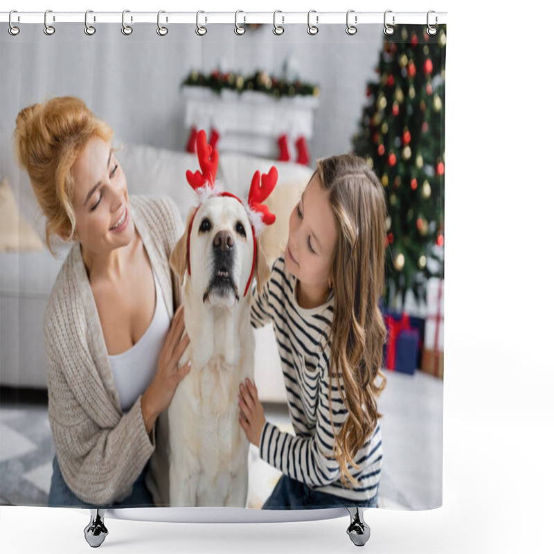 Personality  Smiling Woman And Child Looking At Labrador With Christmas Headband At Home  Shower Curtains