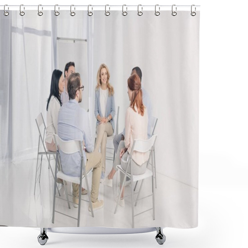 Personality  Multiethnic Middle Aged People Sitting On Chairs And Talking During Group Therapy Shower Curtains