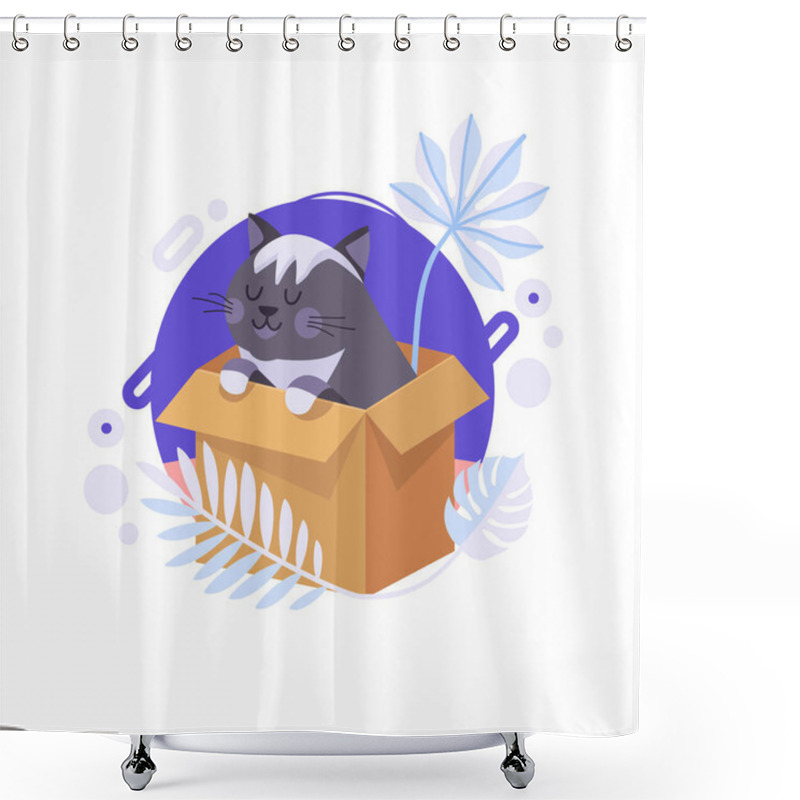 Personality  Cartoon Cat Staying In The Box And Thinking About Life Meaning. British Cat Can Be Delivered To Someone's Home. Completed And Isolated Vector Illustration. Shower Curtains