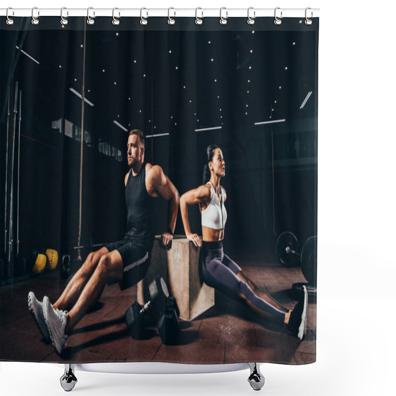 Personality  Athletic Sportsman And Sportswoman Exercising On Cube Together In Dark Gym Shower Curtains