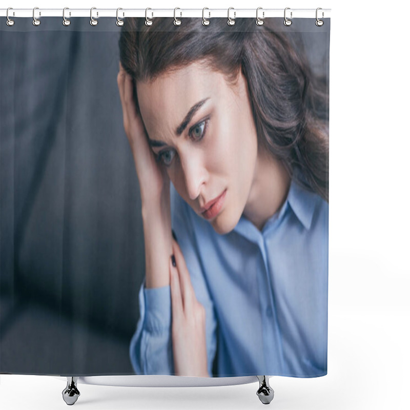 Personality  Sad Woman In Blue Blouse Sitting On Grey Couch And Holding Head In Room, Grieving Disorder Concept Shower Curtains