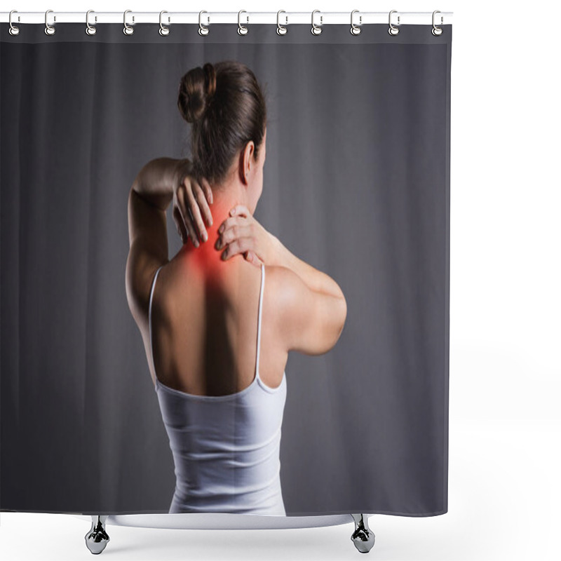 Personality  Neck Pain, Woman With Backache On Gray Background Shower Curtains