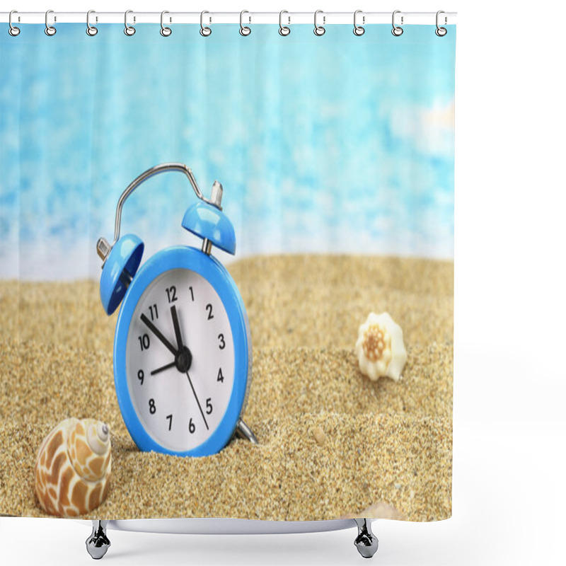 Personality  Vacation Time. Alarm Clock On The Sand Shower Curtains