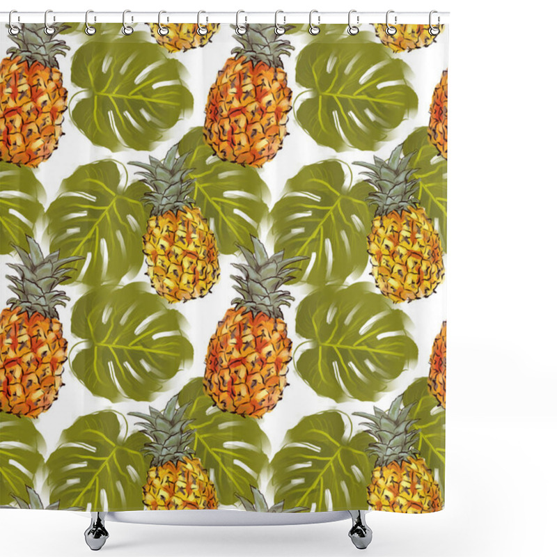 Personality  Juicy Pineapples And Momstera Leaves. Tropical Seamless Pattern On A White Background. Digital Art. Shower Curtains