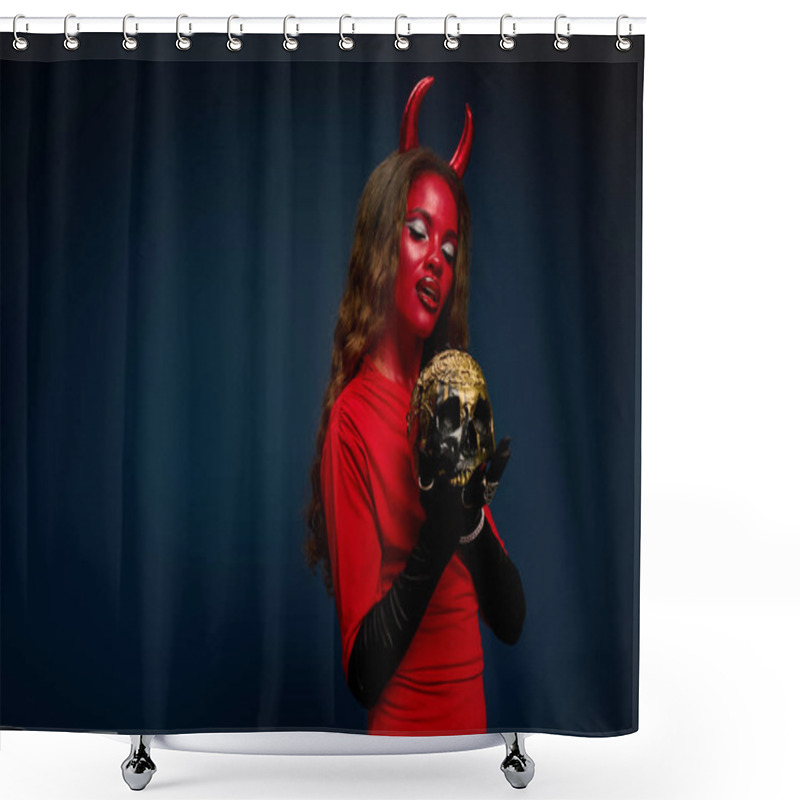 Personality  A Stunning Woman Dressed As A Devil Embraces A Decorative Skull, Exuding Halloween Spirit. Shower Curtains