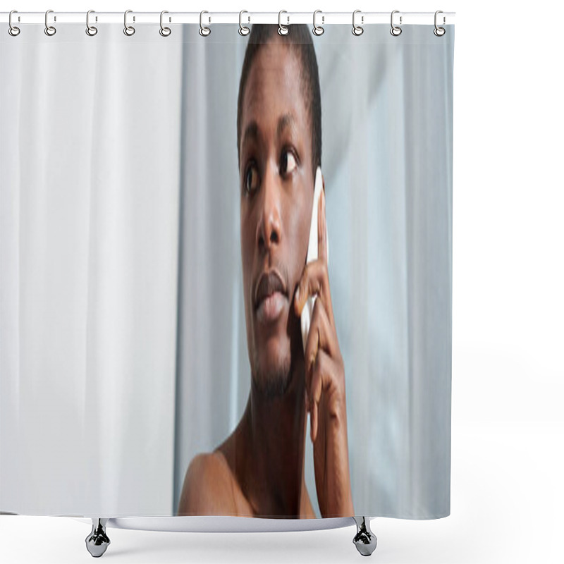 Personality  A Shirtless Young African American Man Holds A Cell Phone To His Ear While Waking Up In Bed In The Morning Shower Curtains