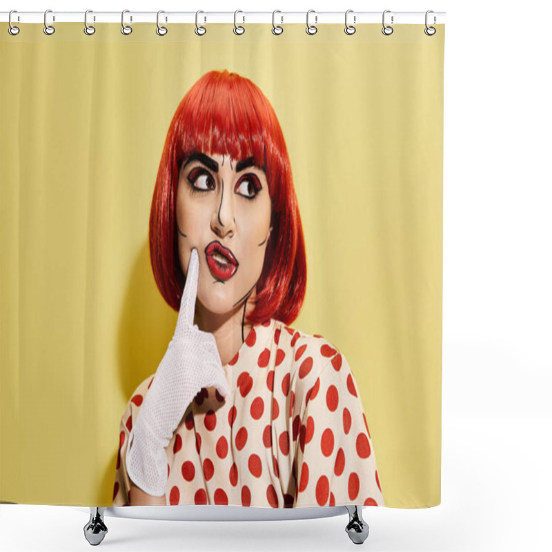 Personality  A Vibrant Redhead Adorned In A Polka Dot Dress Against A Yellow Backdrop, Embodying A Character From Comics. Shower Curtains