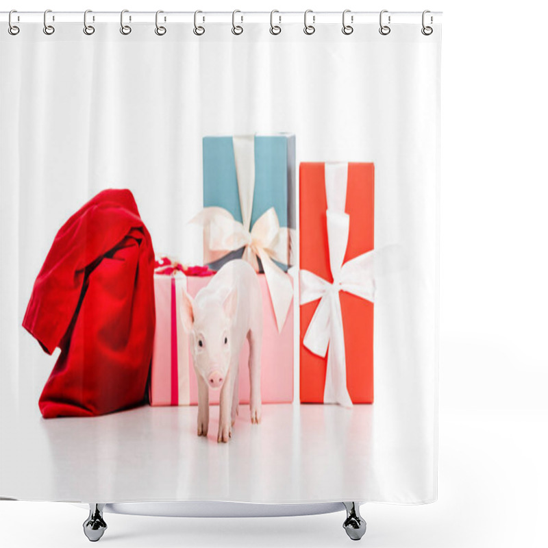 Personality  Cute Little Piglet And Red Bag Near Christmas Gifts Isolated On White Shower Curtains