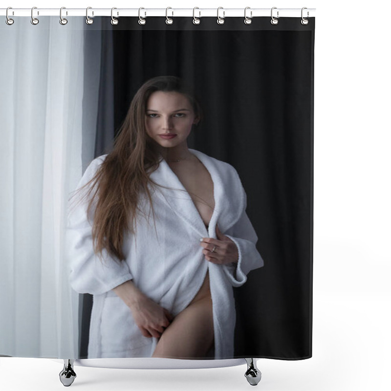 Personality  Low Angle Side View Of Sexy Female With Bare Breast Standing Near Window In Room And Looking At Camera Shower Curtains