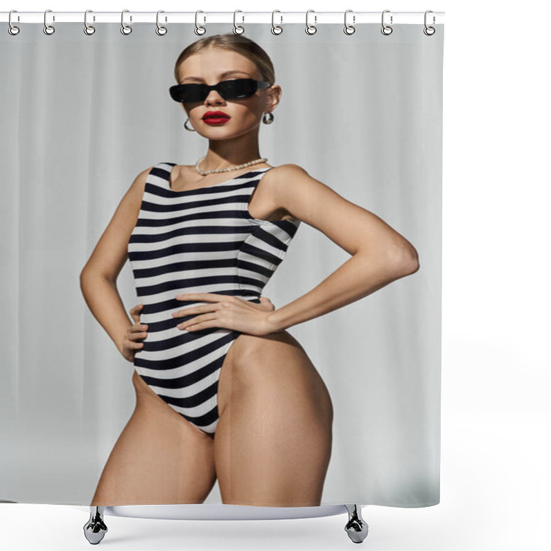 Personality  Stylish Woman In Black And White Striped One-piece Swimsuit. Shower Curtains