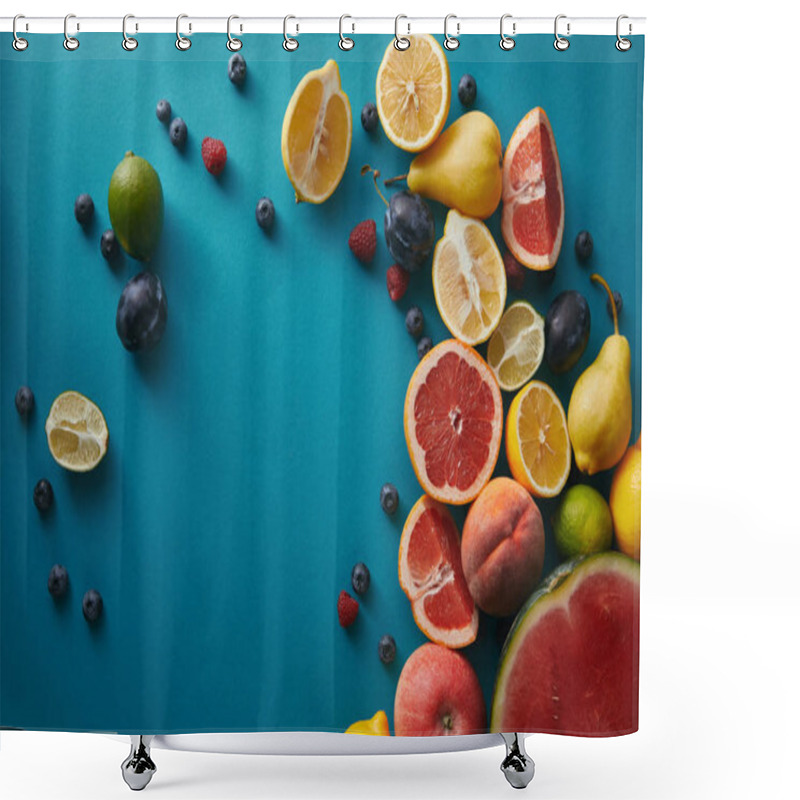 Personality  Elevated View Of Appetizing Ripe Fruits And Berries On Blue Surface Shower Curtains