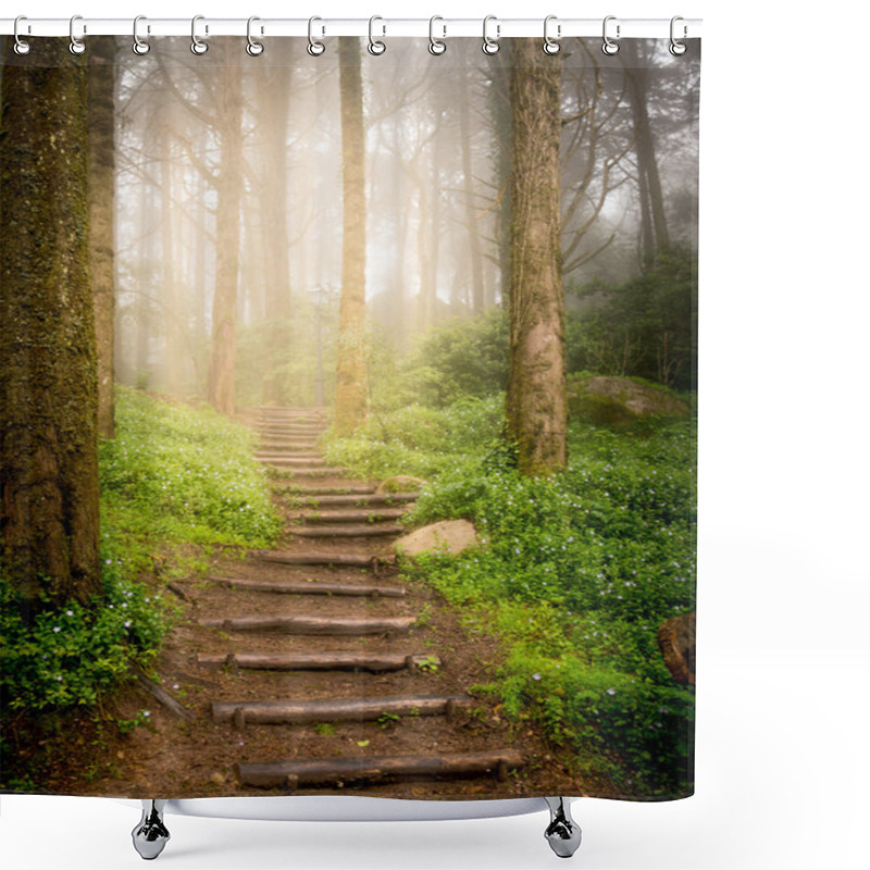 Personality  Stairs Going Up Hillside In Forest Toward Sunset Shower Curtains