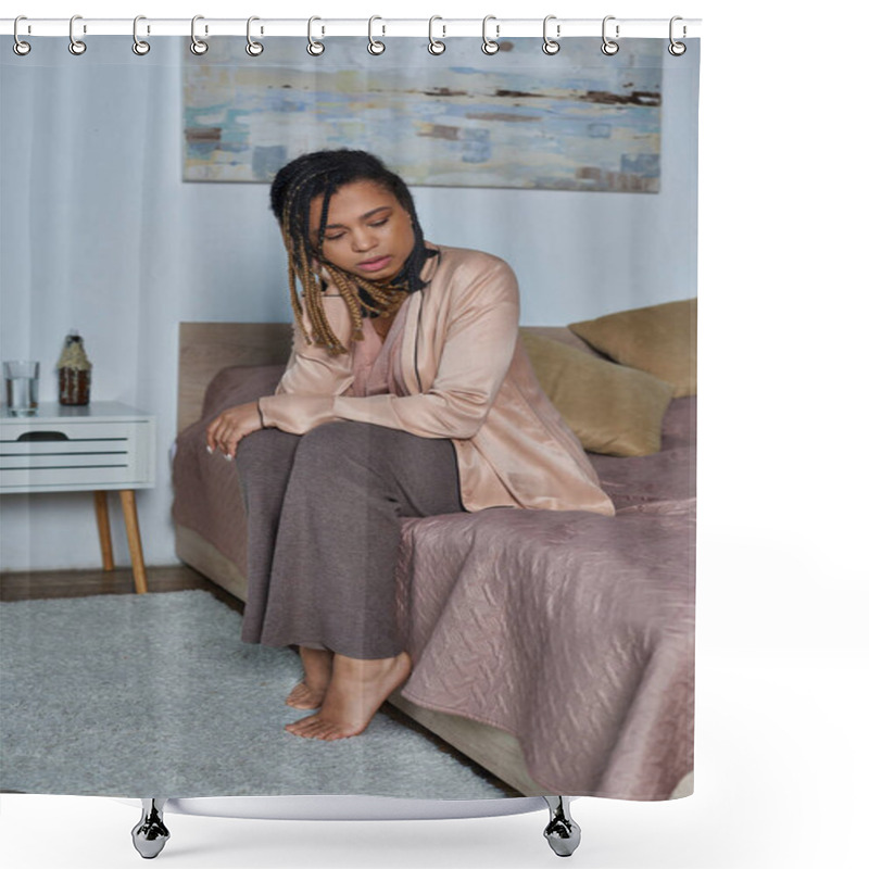 Personality  African American Woman Sitting On Bed, Feeling Unwell, Sad And Anxious, Stress, Modern Bedroom Shower Curtains